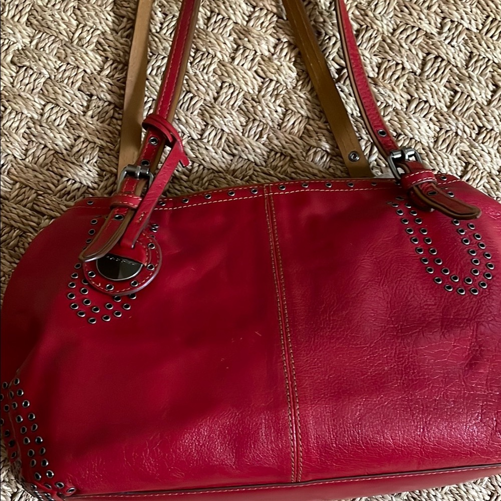 Red Studded Leather Shoulder Bag